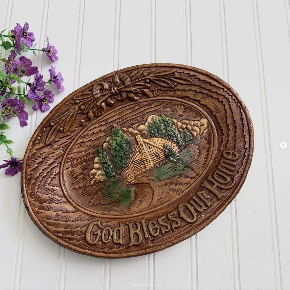 Vintage 1954 Carved Resin Plaque God Bless our Home Religious Tray